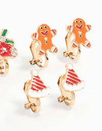 Kids Gold Gingerbread Man & Santa Hat Clip On Earrings 5-Pack - link has visual effect only