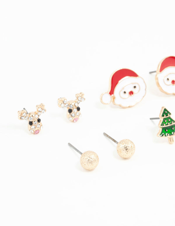 Kids Santa & Reindeer Gold Stud Earrings 6-Pack