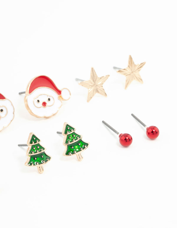 Kids Santa & Reindeer Gold Stud Earrings 6-Pack
