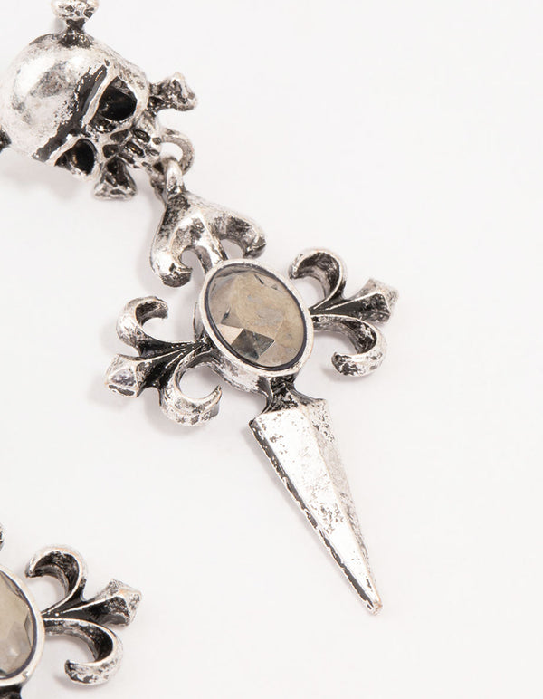 Antique Silver Skull Cross Drop Earrings