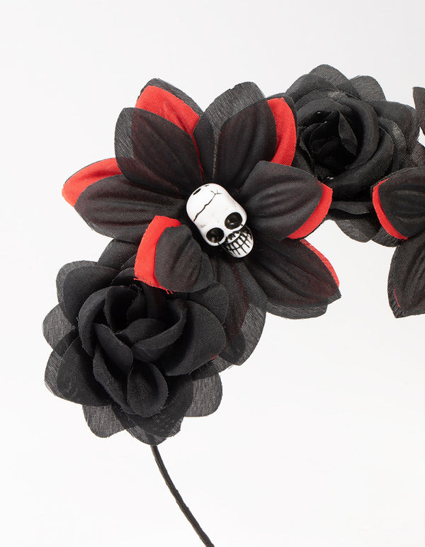 Black & Red Floral Skull Headband