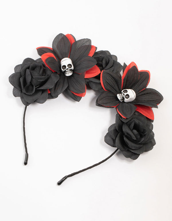 Black & Red Floral Skull Headband