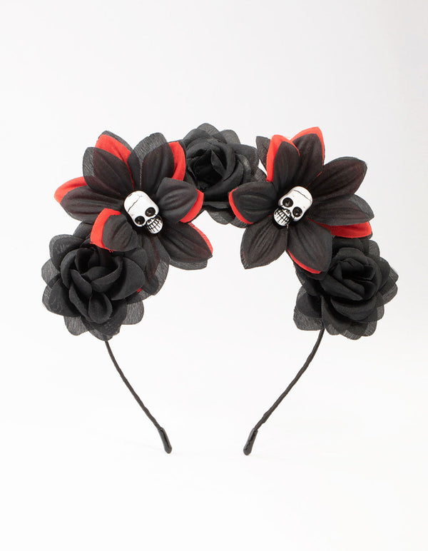Black & Red Floral Skull Headband