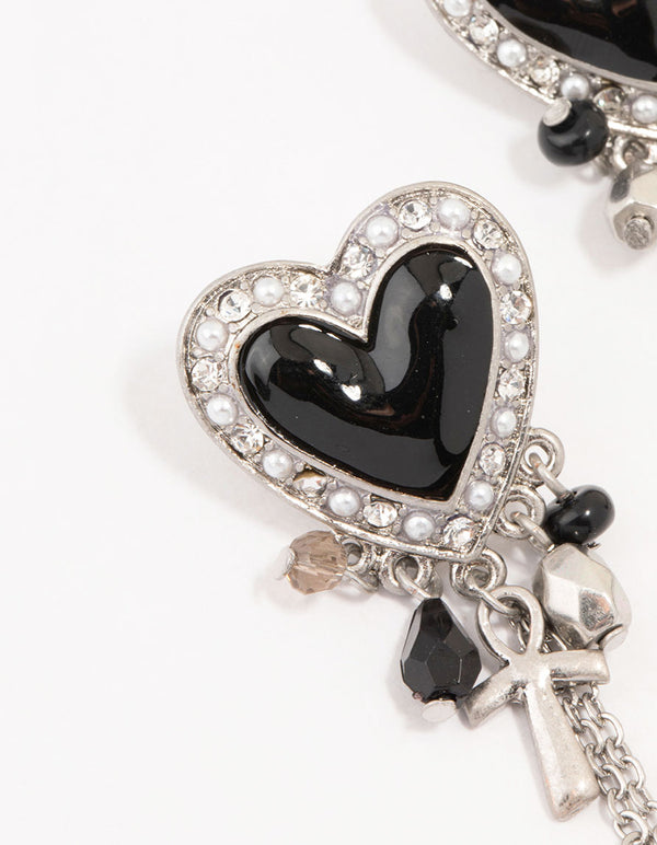 Black Heart Chain Silver Drop Earrings
