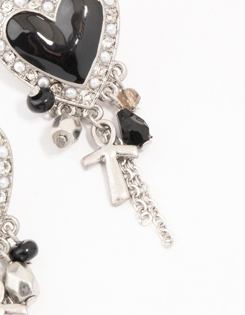 Black Heart Chain Silver Drop Earrings