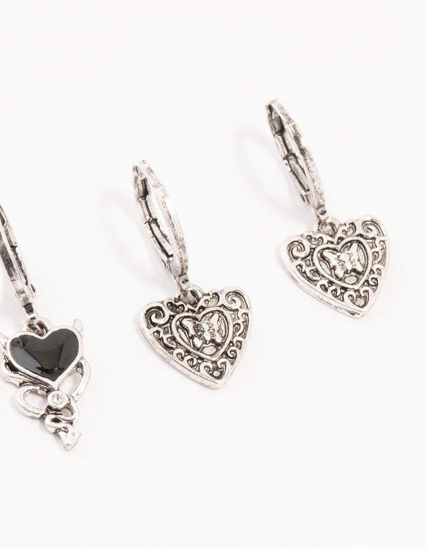 Antique Silver Gothic Heart Earrings 4-Pack