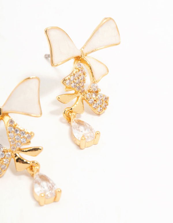 Real Gold Plated Cascading Cubic Zirconia & Cream Bow Drop Earrings
