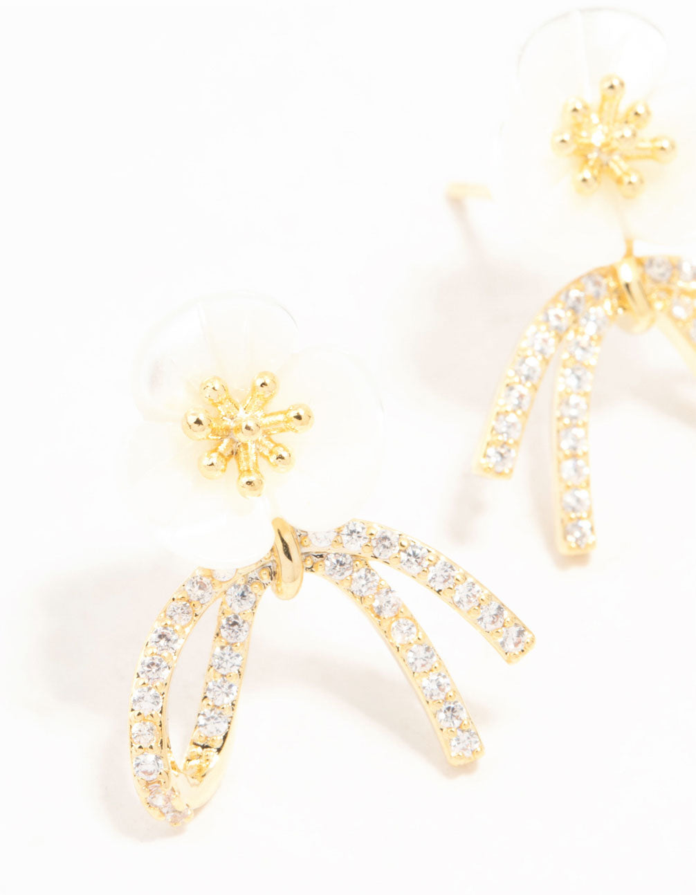 Real Gold Plated Pearlised Flower & Ribbon Cubic Zirconia Bow Stud Earrings