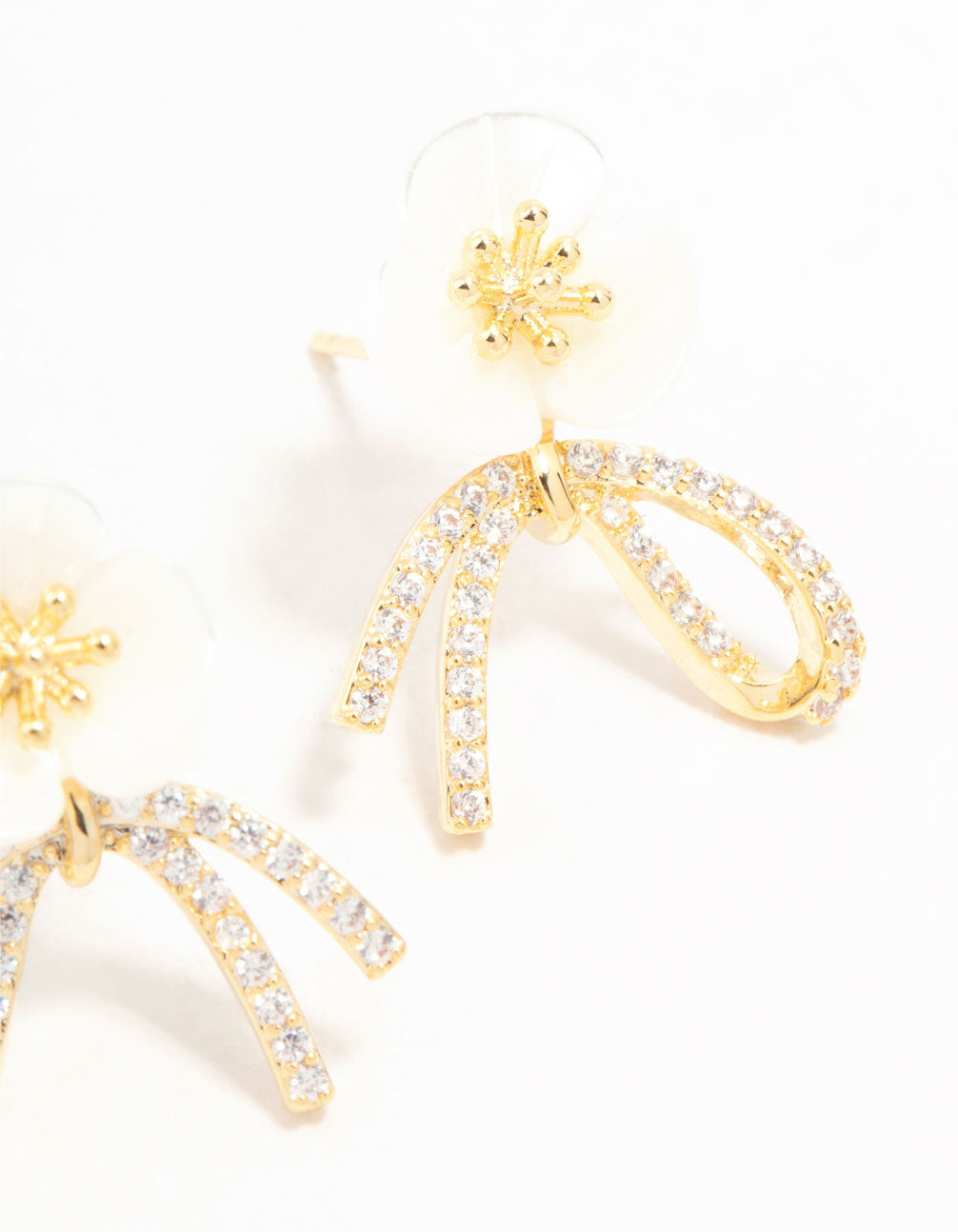 Real Gold Plated Pearlised Flower & Ribbon Cubic Zirconia Bow Stud Earrings