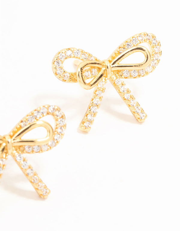 Real Gold Plated Pave Set Cubic Zirconia Halo Bow Stud Earrings
