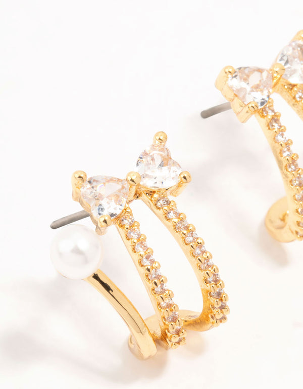 Real Gold Plated Bow, Cubic Zirconia & Freshwater Pearl Jacket Earrings