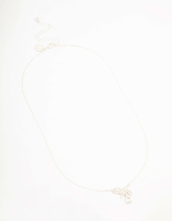 Silver Plated Bow & Pear Shaped Cubic Zirconia Drop Necklace
