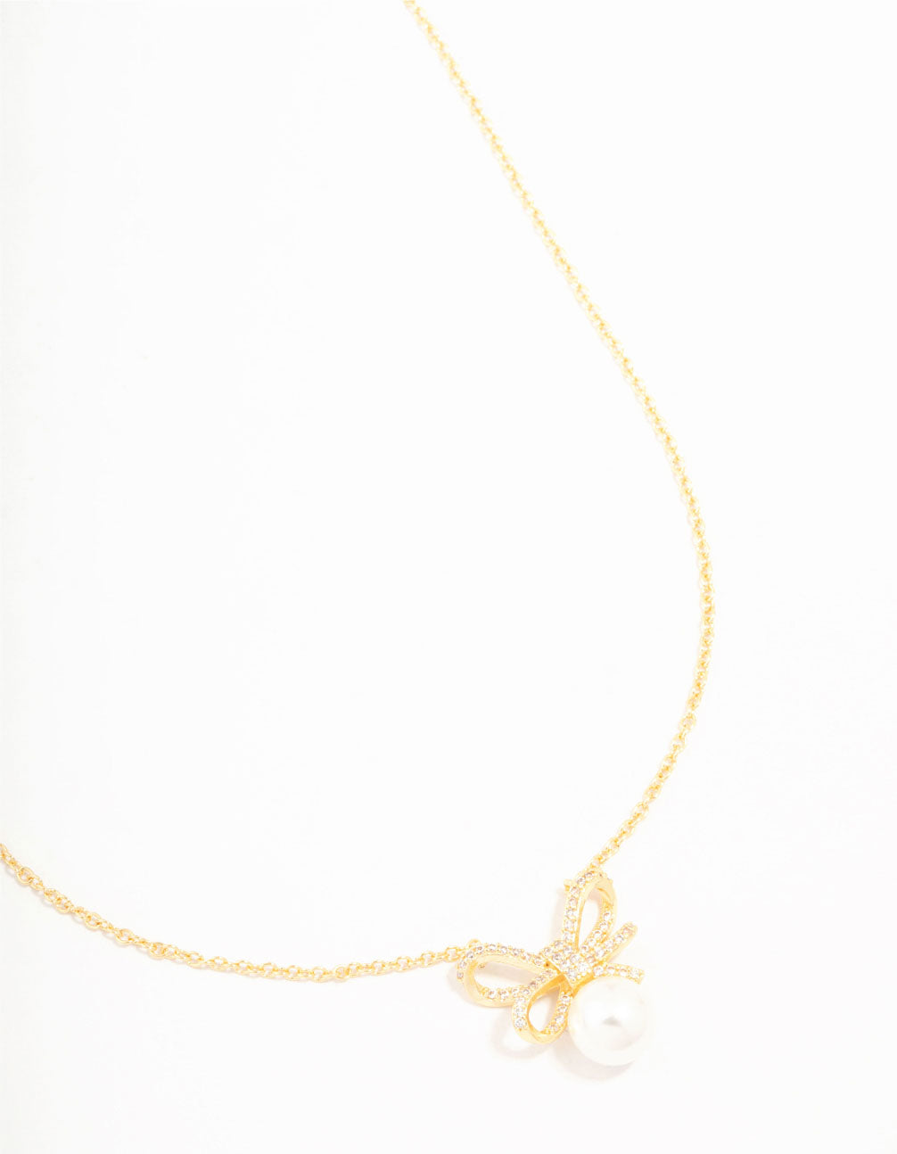 Large Real Gold Plated Cubic Zirconia Looped Bow & Freshwater Pearl Necklace