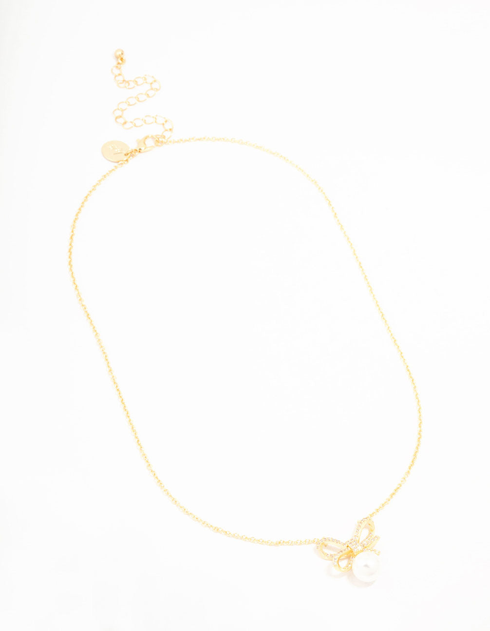 Large Real Gold Plated Cubic Zirconia Looped Bow & Freshwater Pearl Necklace
