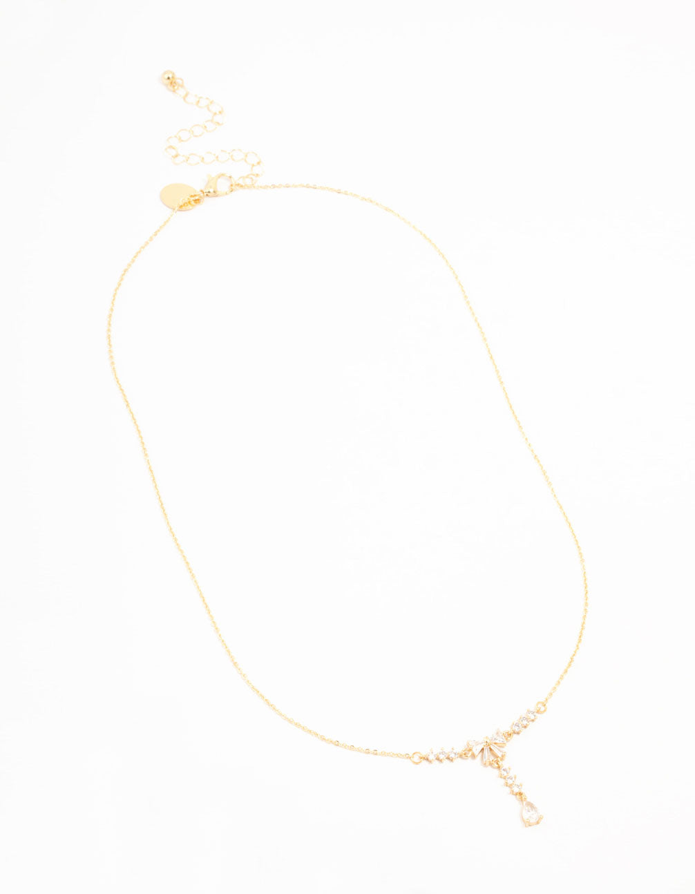 Real Gold Plated Baguette Cut Cubic Zirconia Bow Y-Necklace