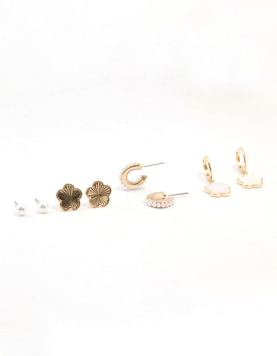 Gold Pearl & Flower Earrings 4-Pack