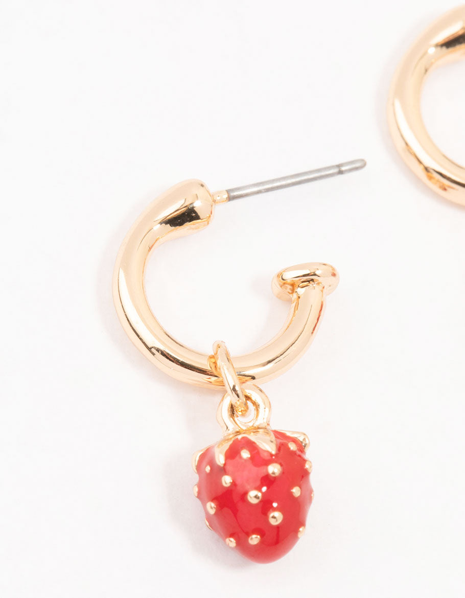 Gold Enamel Strawberry Huggie Earrings