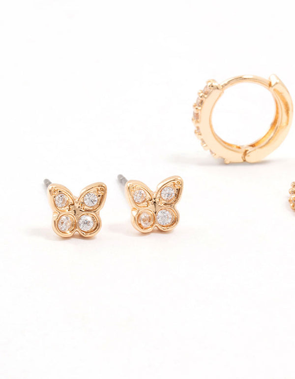 Gold Cubic Zirconia Butterfly & Flower Earrings 3-Pack