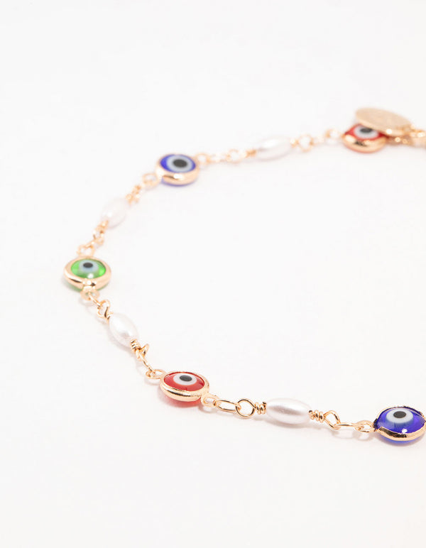 Gold  Pearl & Evil Eye Anklets 2-Pack