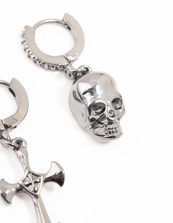 Gunmetal Diamante Cross & Skull Huggie Earrings