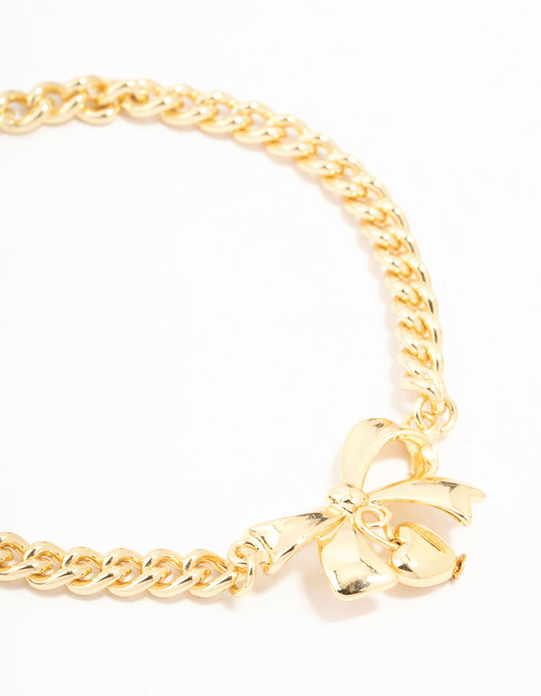 Gold Plated Brass Bow With Heart Charm Toggle Bracelet