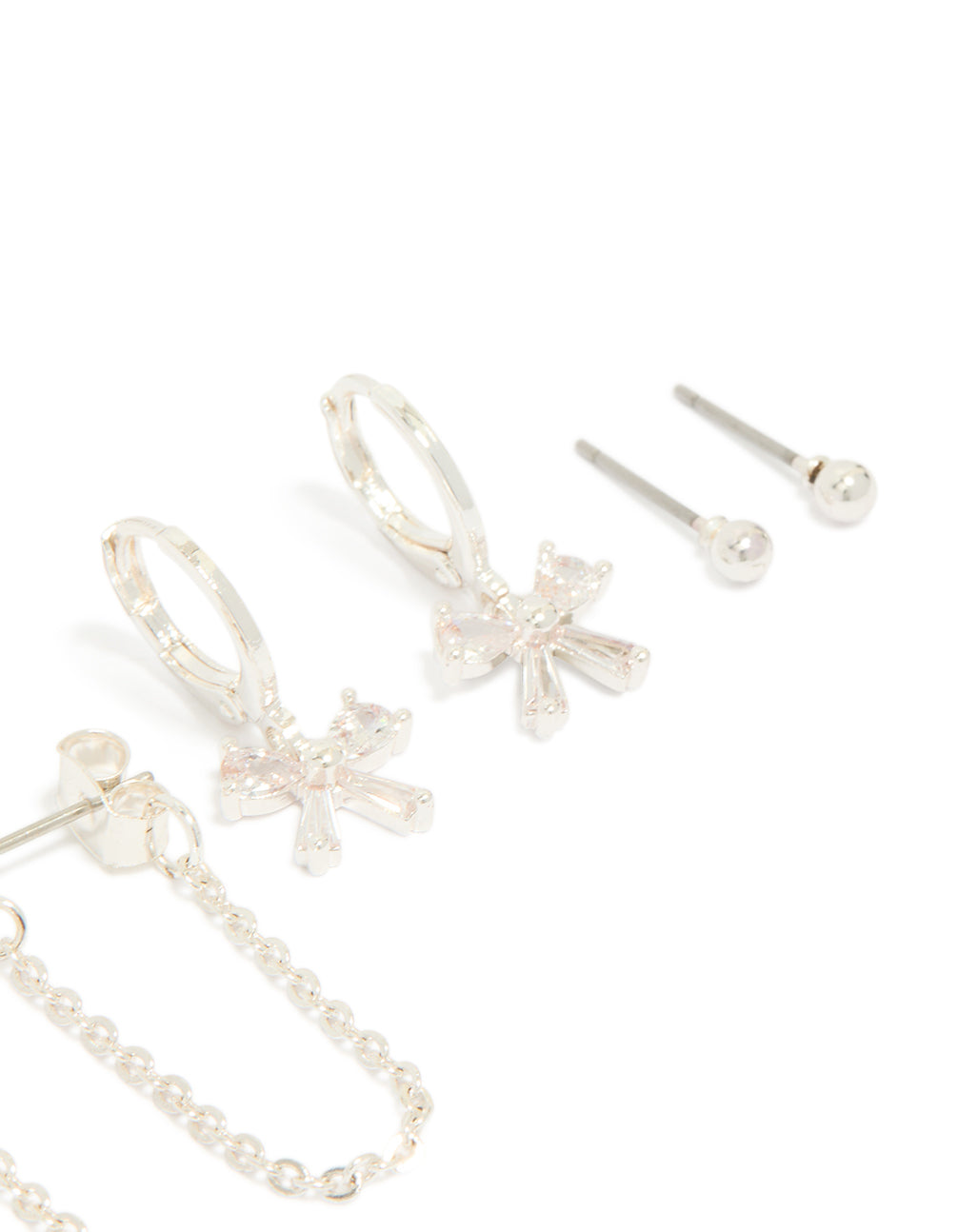 Silver Plated Bow Cubic Zirconia  Chain & Stud Earrings 4-Pack