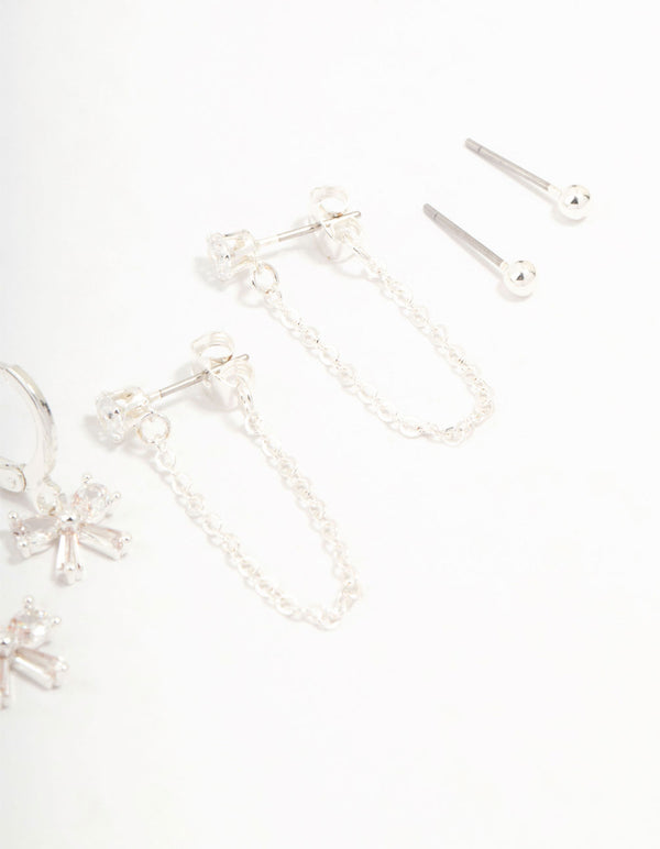 Silver Plated Bow Cubic Zirconia  Chain & Stud Earrings 4-Pack