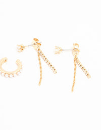 Gold Plated Brass Bow, Freshwater Pearl Cuff & Cubic Zirconia Cup Chain Earrings 3-Pack - link has visual effect only