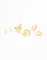Gold Plated Brass Bow Drop & Cubic Zirconia Huggie & Stud Earrings 3-Pack - link has visual effect only