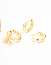 Gold Plated Brass Bow Drop & Cubic Zirconia Huggie & Stud Earrings 3-Pack - link has visual effect only