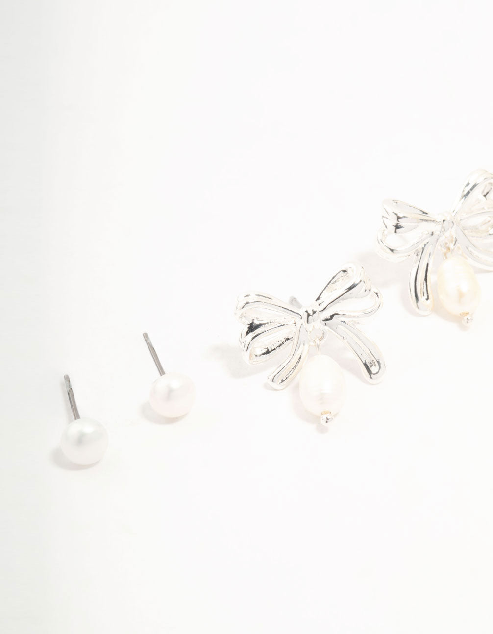 Silver Plated Bow & Freshwater Pearl Drop Earrings 3-Pack