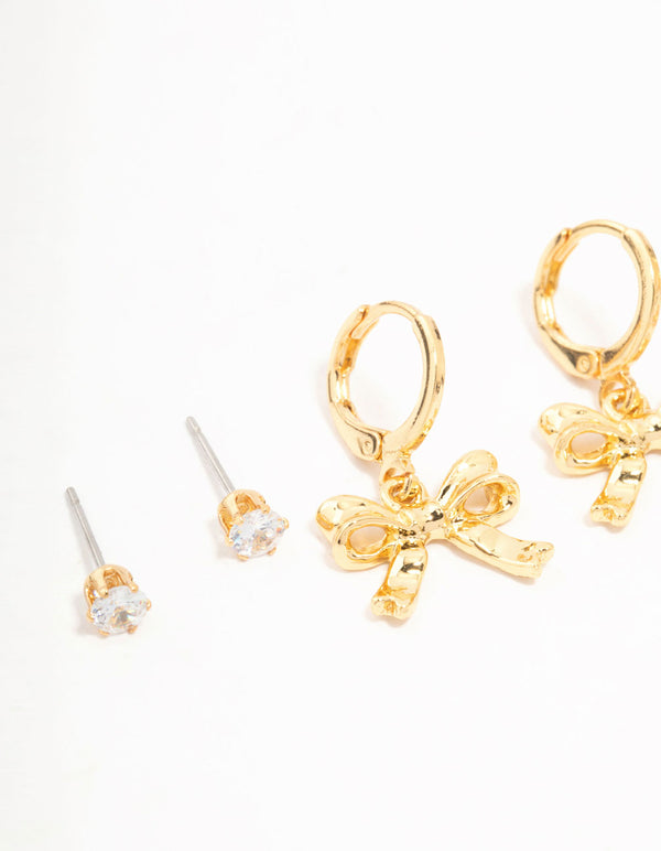 Gold Plated Brass Bow Drop & Cubic Zirconia Huggie & Stud Earrings 3-Pack