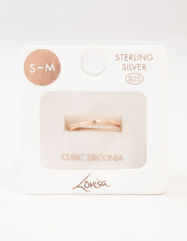 Rose Gold Plated Sterling Silver Cubic Zirconia Crossover Ring