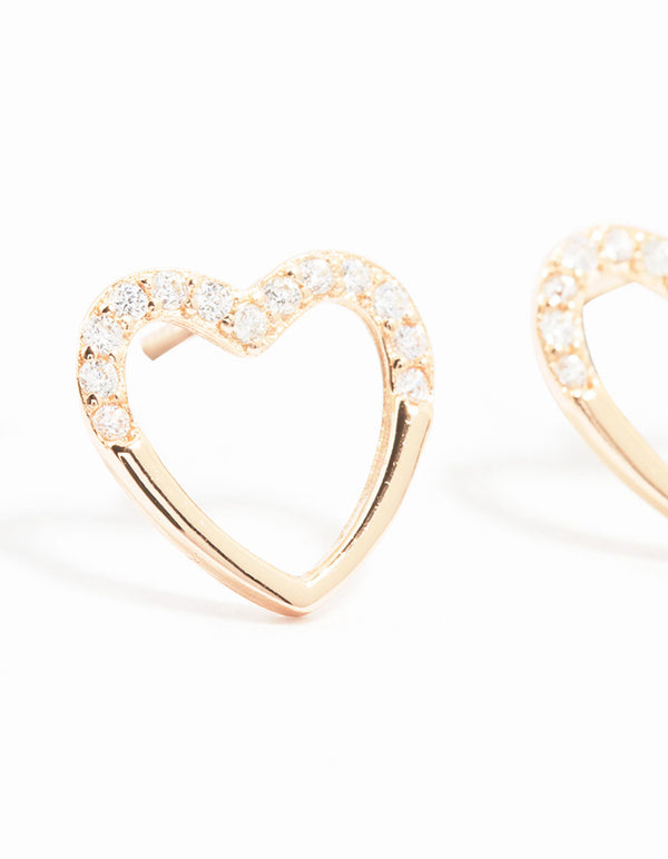 Rose Gold Plated Sterling Silver Pave Set Cubic Zirconia Heart Stud Earrings