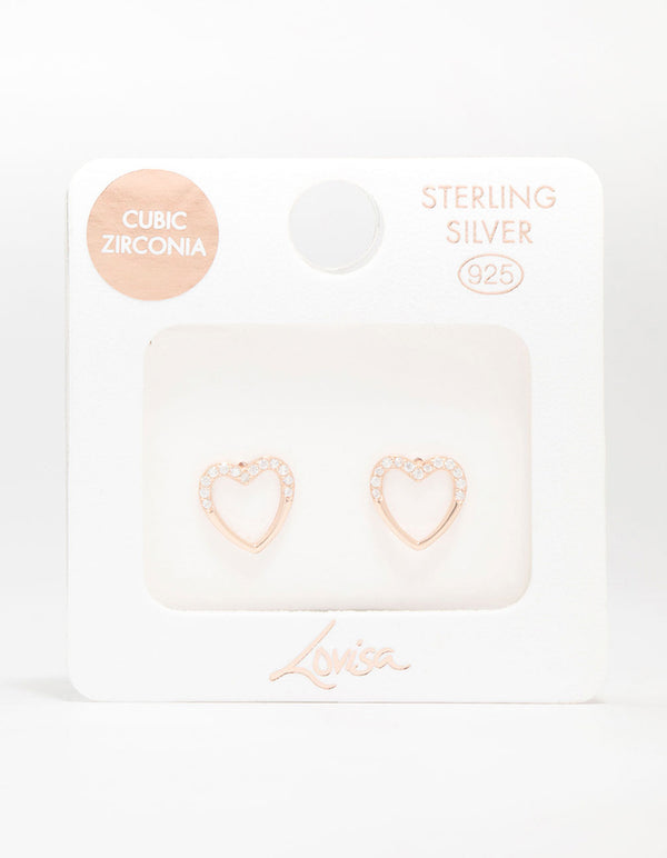 Rose Gold Plated Sterling Silver Pave Set Cubic Zirconia Heart Stud Earrings