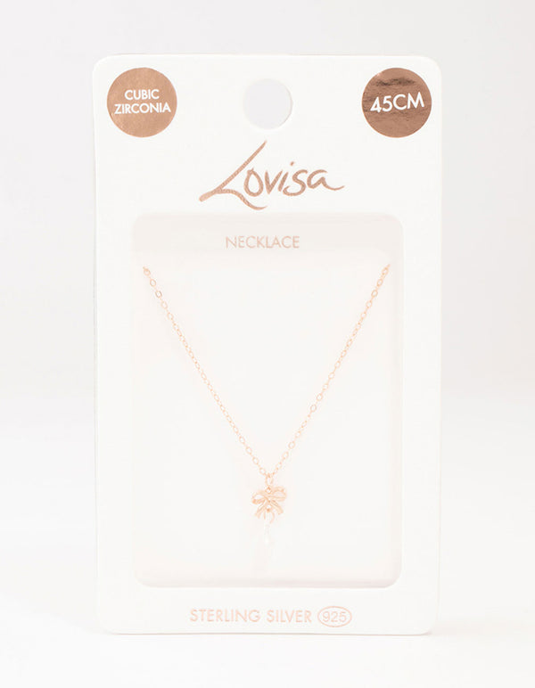 Rose Gold Plated Sterling Silver Bow And Pear Crystal Necklace