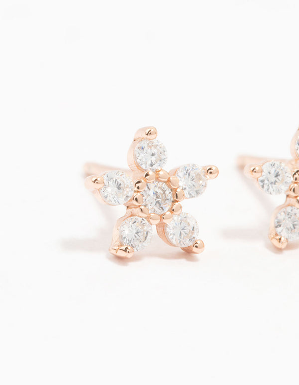Rose Gold Plated Sterling Silver Cubic Zirconia Flower Stem Stud Earrings