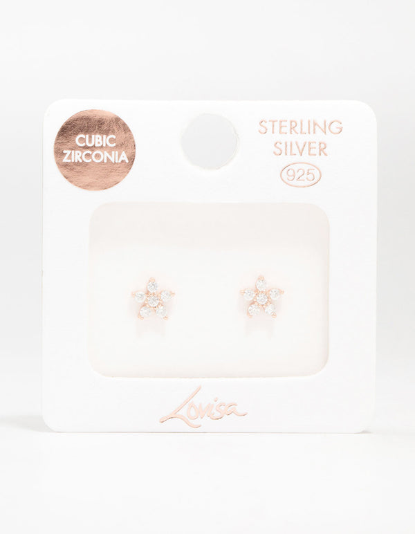 Rose Gold Plated Sterling Silver Cubic Zirconia Flower Stem Stud Earrings