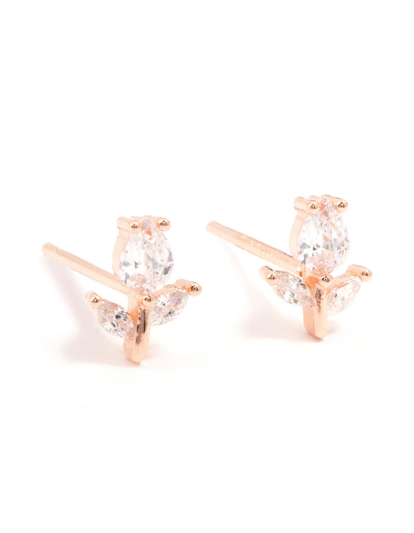 Rose Gold Plated Sterling Silver Cubic Zirconia Flower Stem Stud Earrings