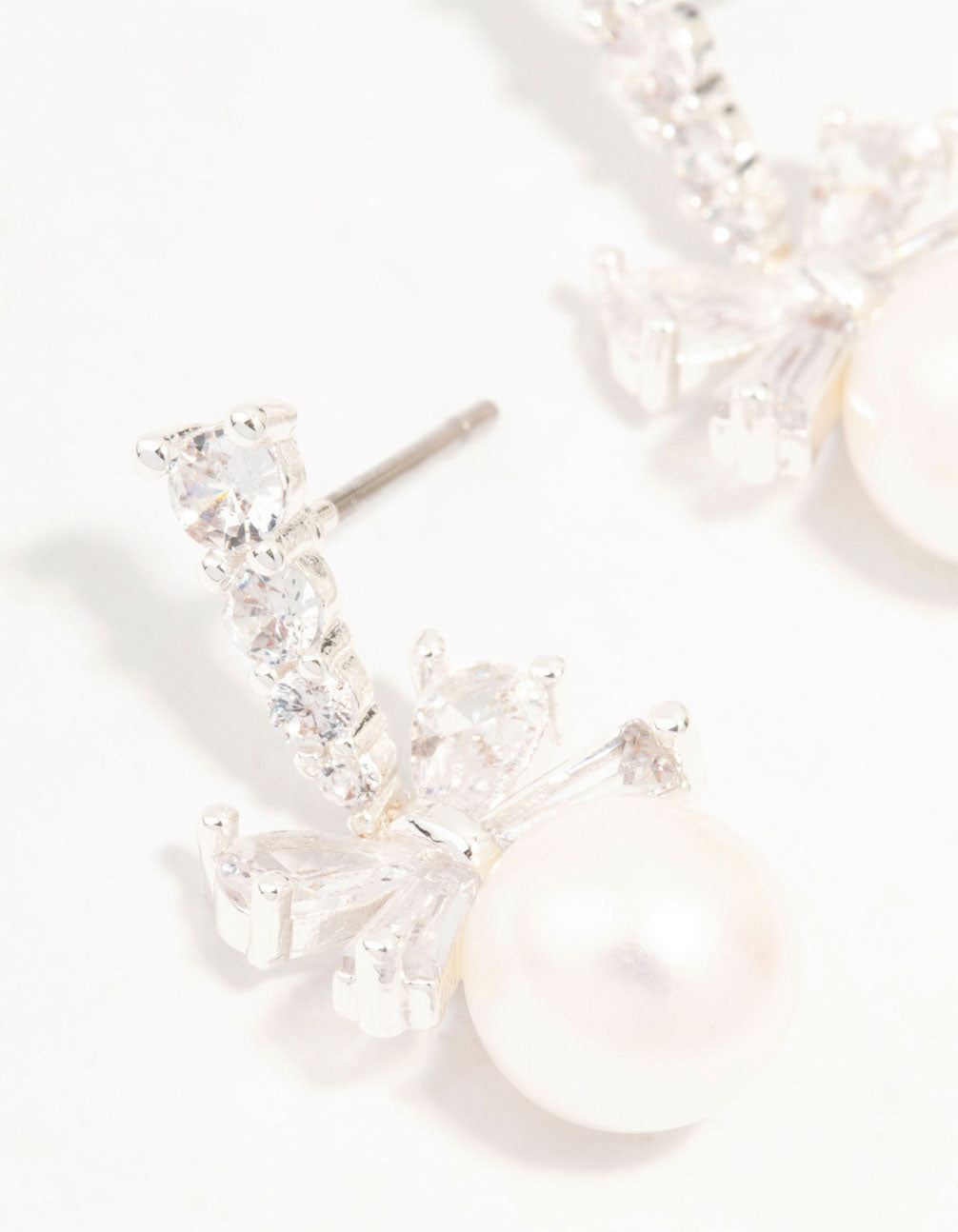 Silver Plated Cubic Zirconia Bow & Freshwater Pearl Drop Earrings