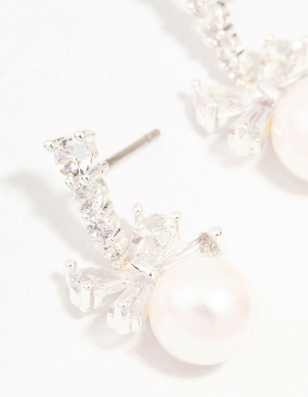 Silver Plated Cubic Zirconia Bow & Freshwater Pearl Drop Earrings