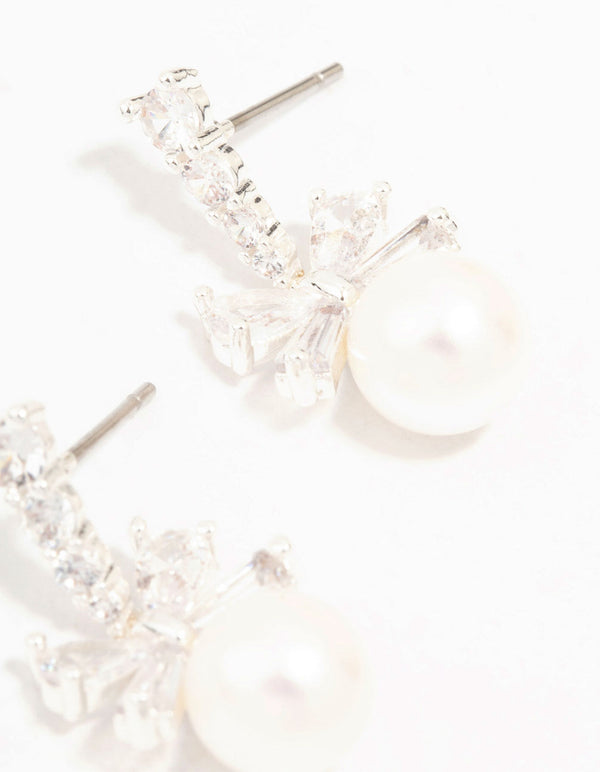 Silver Plated Cubic Zirconia Bow & Freshwater Pearl Drop Earrings