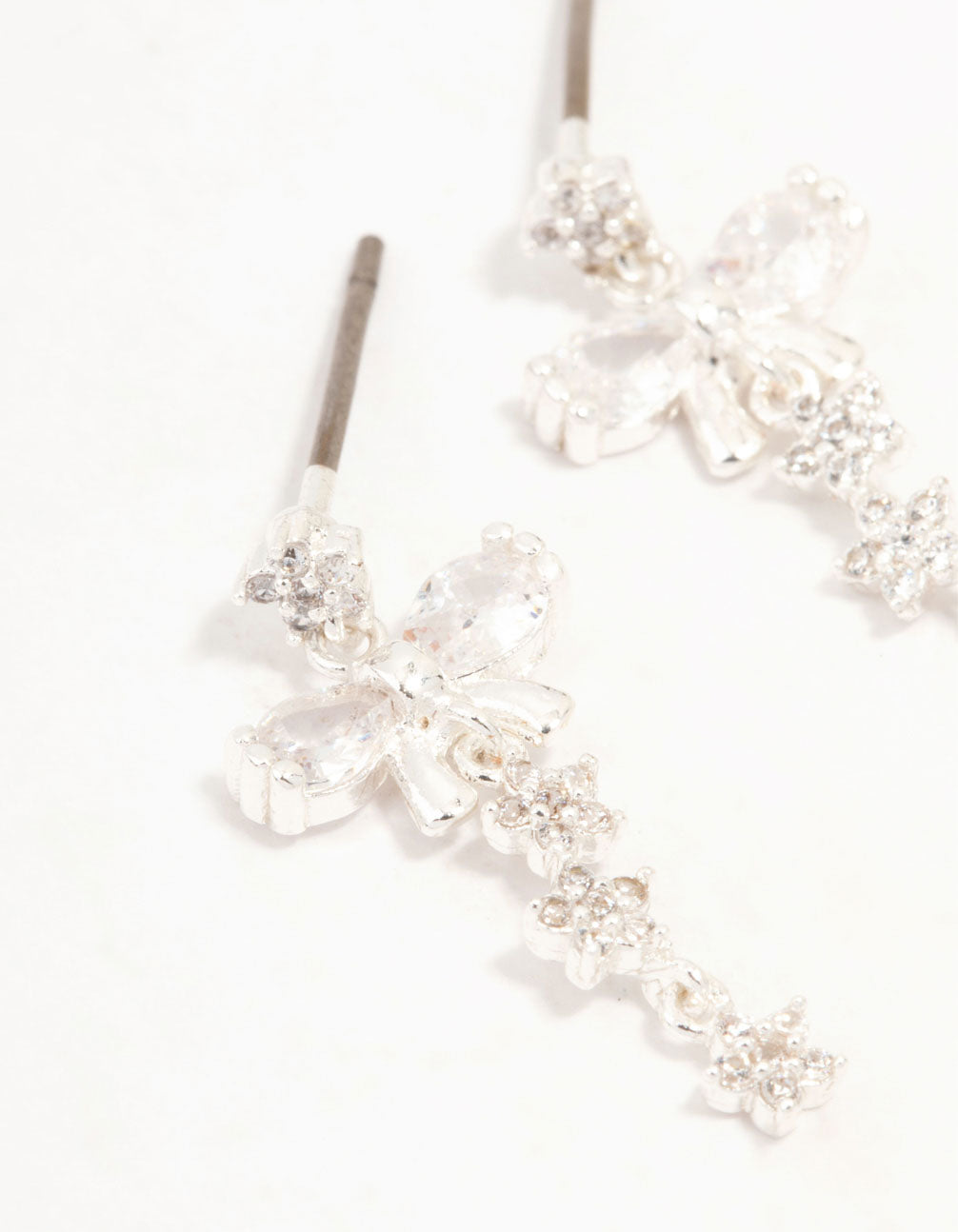 Silver Plated Cubic Zirconia Bow & Mini Flower Drop Earrings