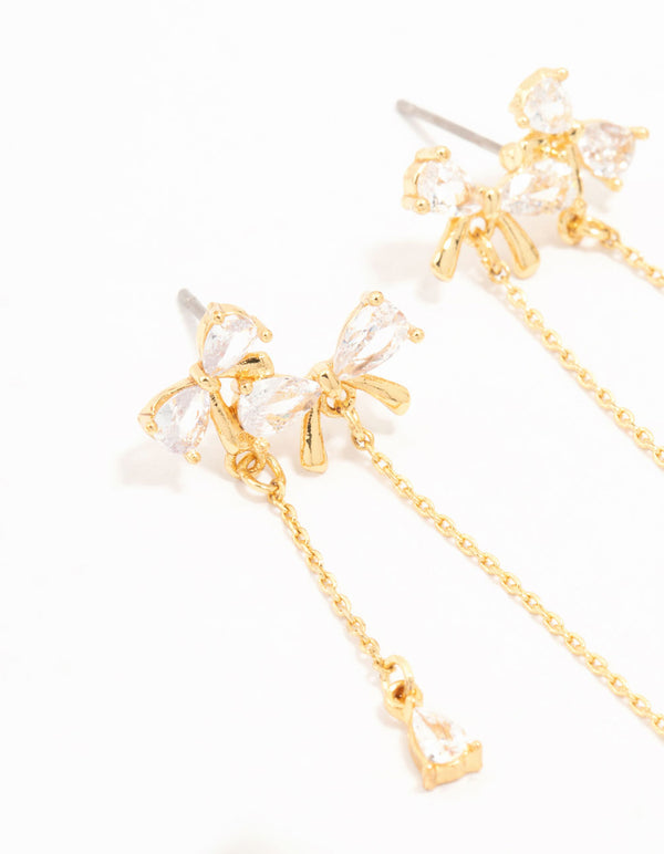 Real Gold Plated Cubic Zirconia Double Bow & Chain Earrings