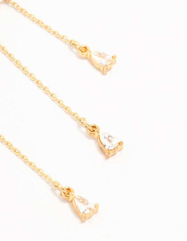 Real Gold Plated Cubic Zirconia Double Bow & Chain Earrings