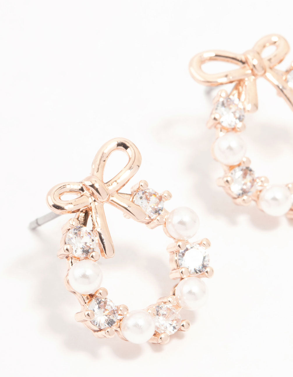 Rose Gold Plated Alternating Cubic Zirconia & Freshwater Pearl Bow Stud Earrings