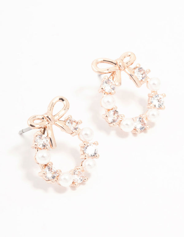 Rose Gold Plated Alternating Cubic Zirconia & Freshwater Pearl Bow Stud Earrings