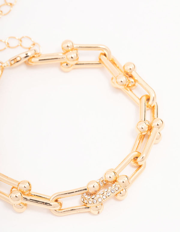 Gold Plated U Link Diamante Chain Bracelet