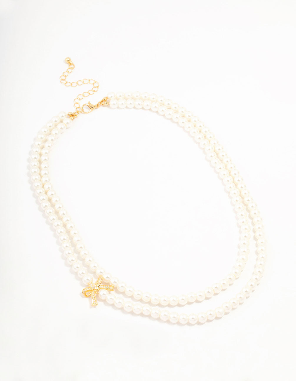 Real Gold Plated Layered Freshwater Pearl Strand Bow Necklace