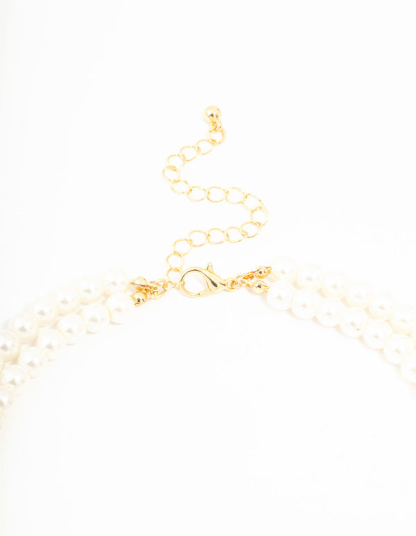 Real Gold Plated Layered Freshwater Pearl Strand Bow Necklace